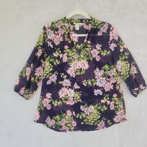 Vintage Y2K Sheer Floral V Neck Shirt L 1/2 Sleeve Fairycore Flowy